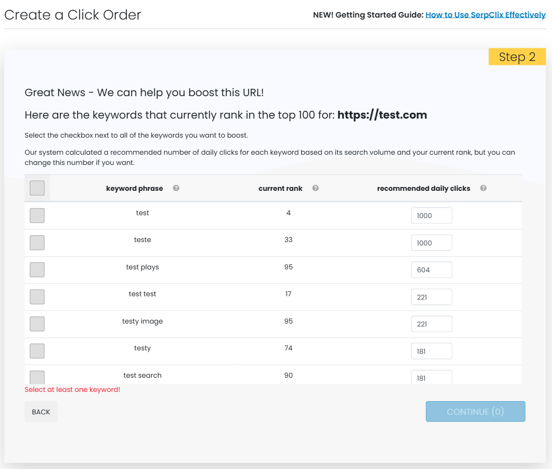 SerpClix keyword selection interface showing current rankings and recommended daily clicks for targeted keywords