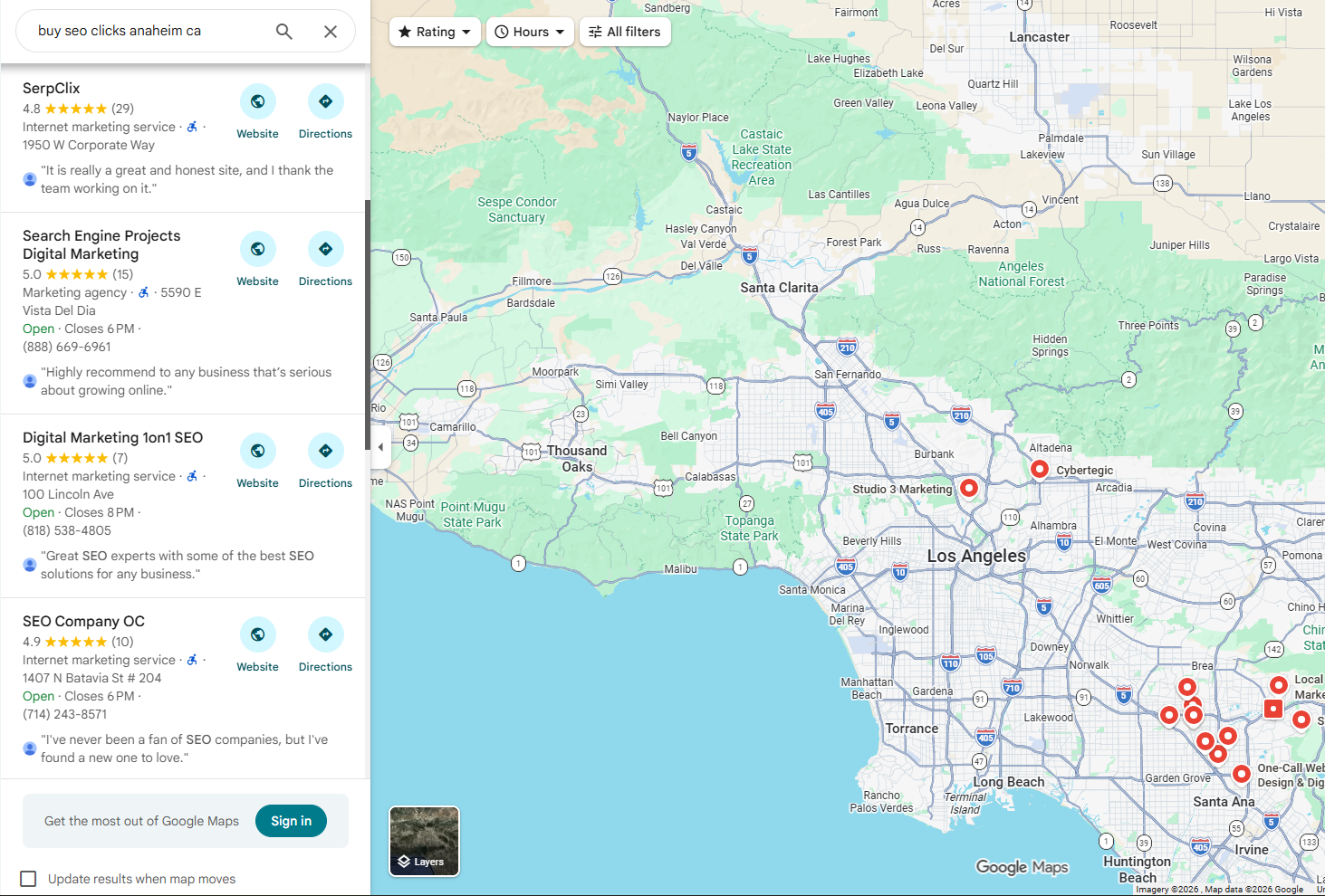 Google Maps search results showing local business listings — the local pack rankings that SerpClix helps improve