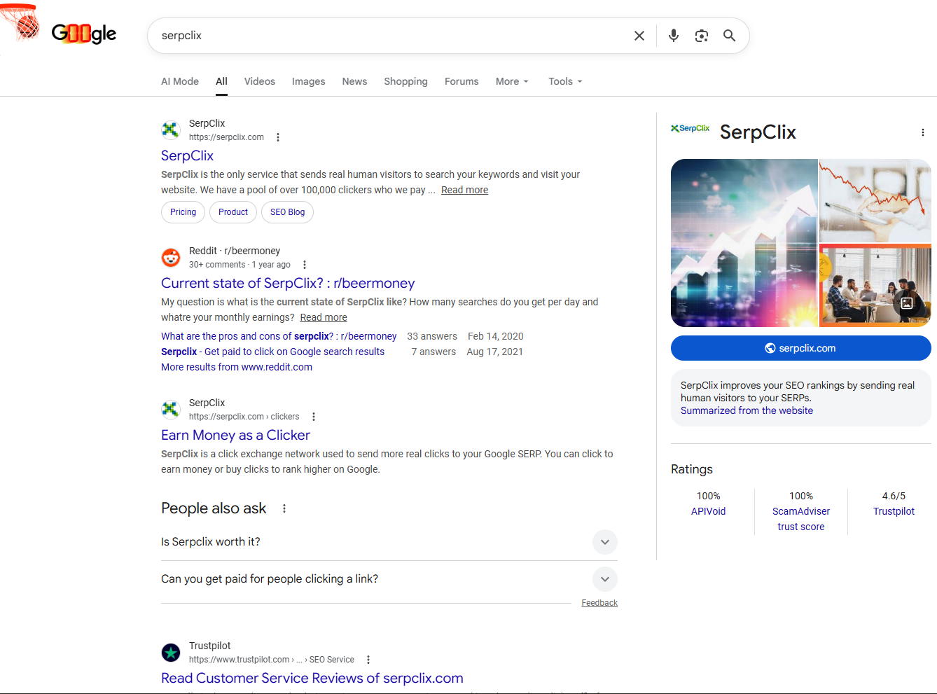 Google search results showing SerpClix with 4.6-star Trustpilot rating and 100% trust scores