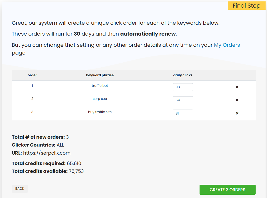 SerpClix order wizard showing keyword selection and daily click configuration — creating orders that feed NavBoost signals